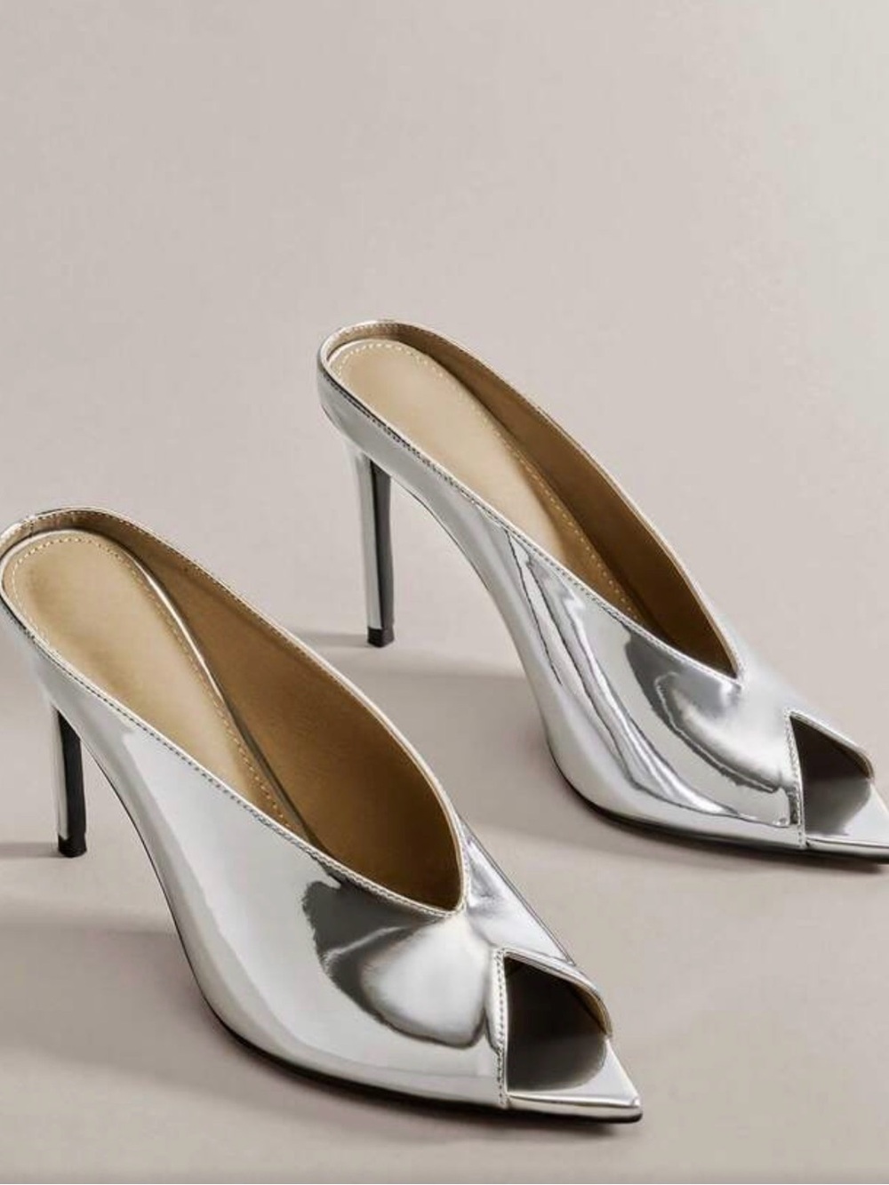 Metallic Silver Open-Toe Stiletto Mules